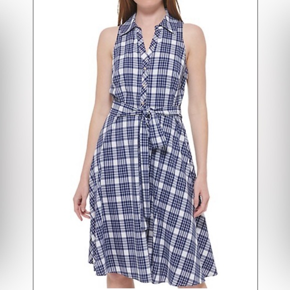 Plaid flowy shirt dress with tie waist - Picture 1 of 8